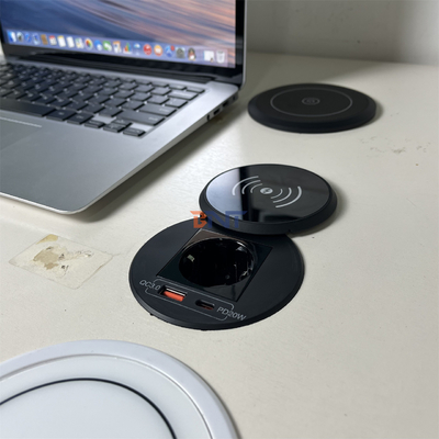 Chargeur sans fil QI rond pour meubles de bureau avec prise électrique UE et usb a+c pour station de recharge de canapé table basse