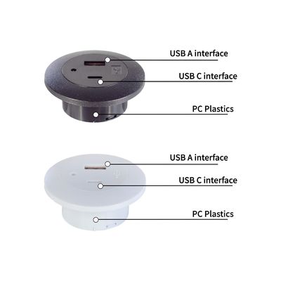 Une prise électrique en plastique montée sur une table en retrait avec des ports de charge USB A+C