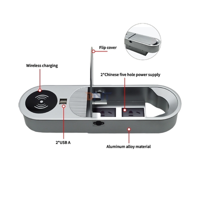 Prise de courant de bureau multifonctionnelle avec 2 sorties de charge CA et 2 USB A et chargeur sans fil