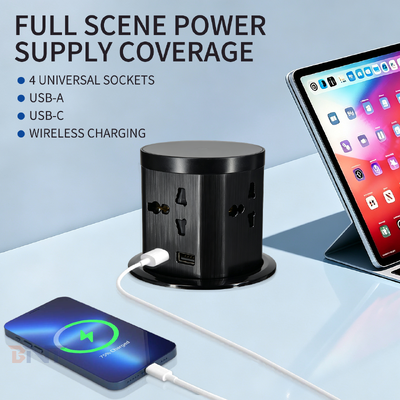 Prise escamotable 85 mm avec 4 prises CA universelles, ports USB A et Type C, 16 A, 110-220 V, finition brossée en PC, câble de 1,5 m