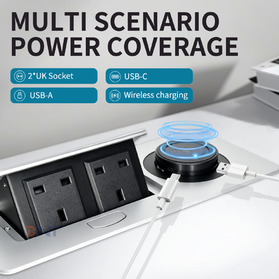 Prise d'alimentation escamotable en promotion, unité de distribution d'alimentation de bureau avec charge sans fil double norme britannique 15W pour la commodité du bureau